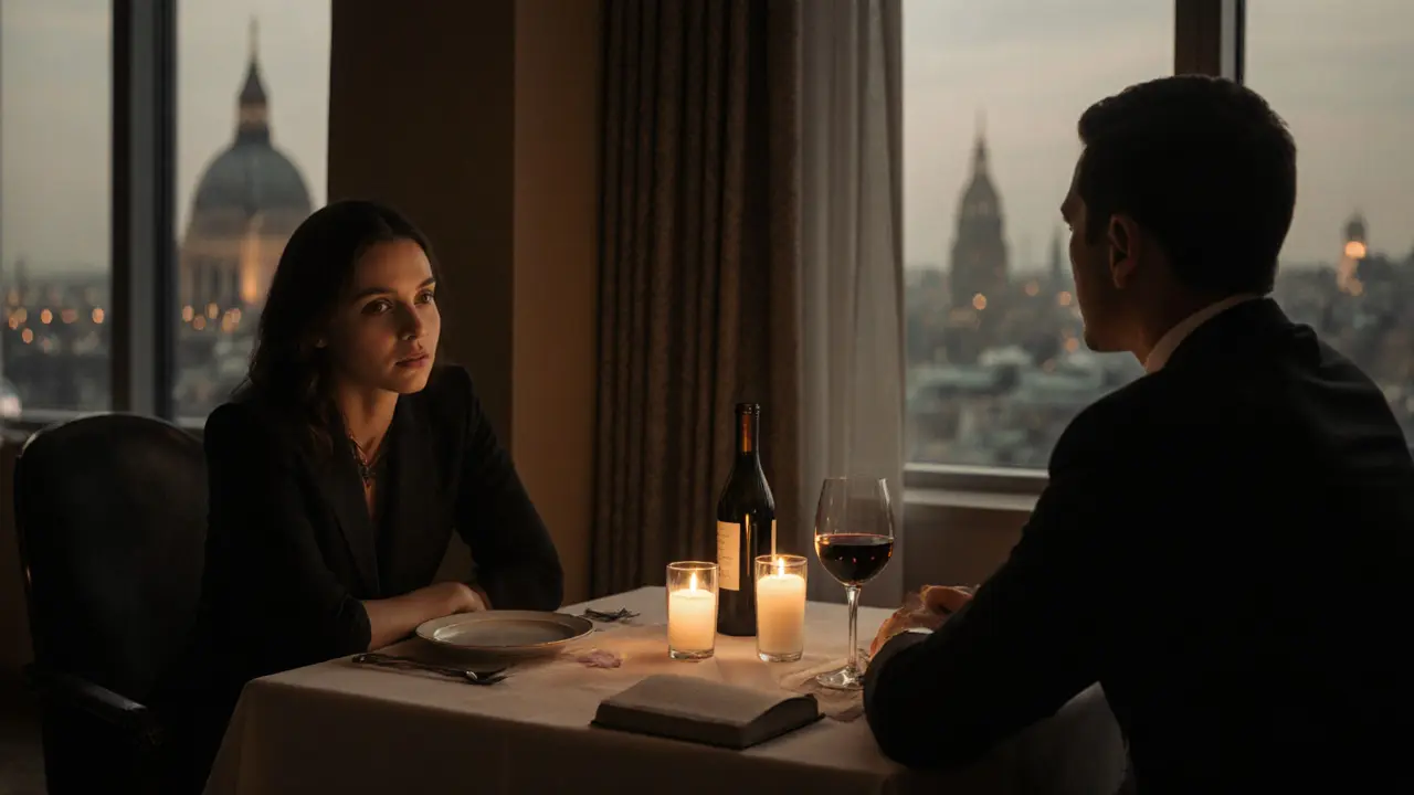 A couple sharing quiet conversation in a luxury hotel suite with candlelight.