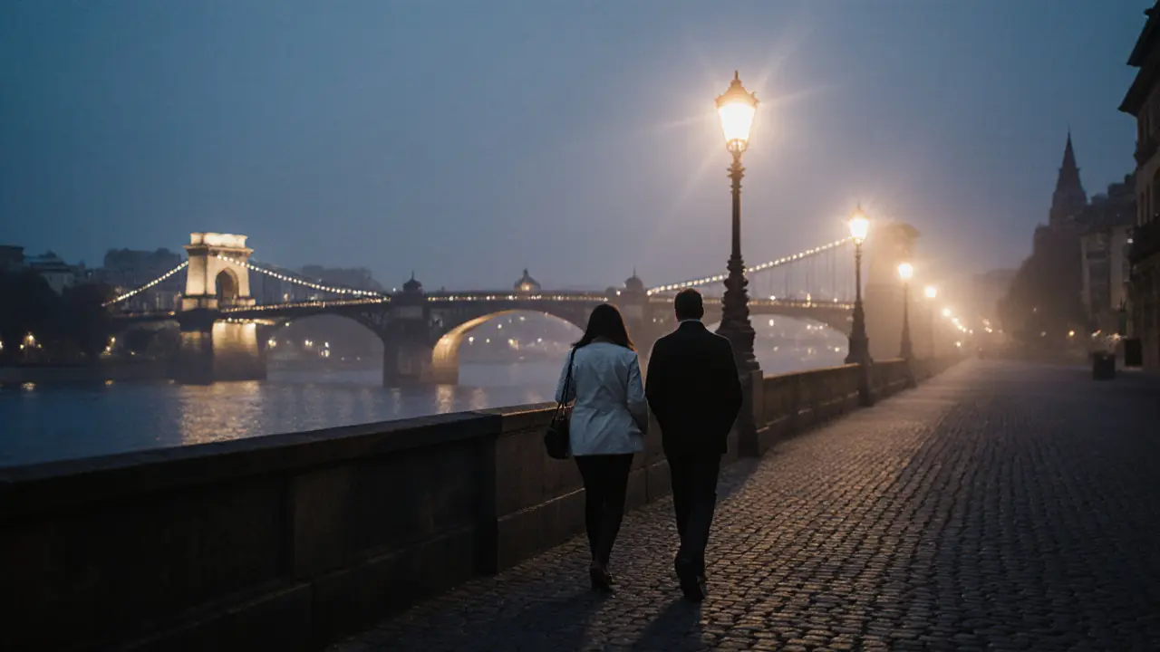 A couple walking peacefully along a river at dusk, silhouetted against a glowing historic bridge.