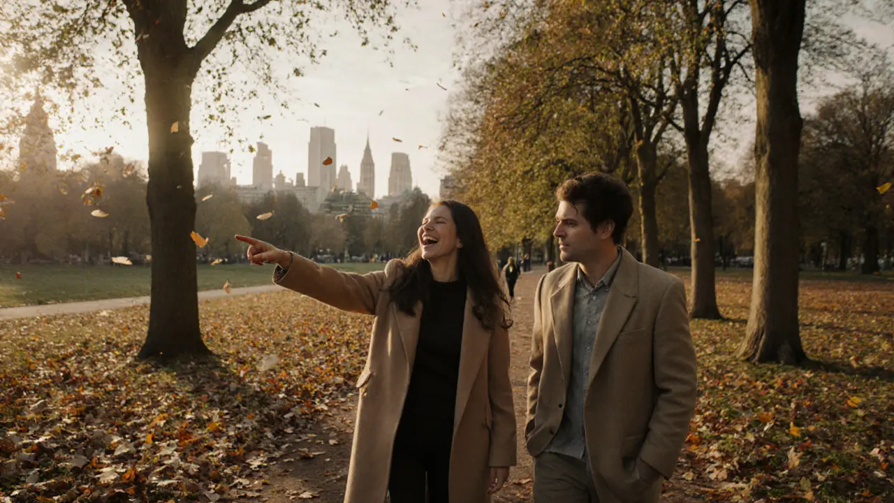 A couple walking peacefully through Hyde Park, autumn leaves falling around them.
