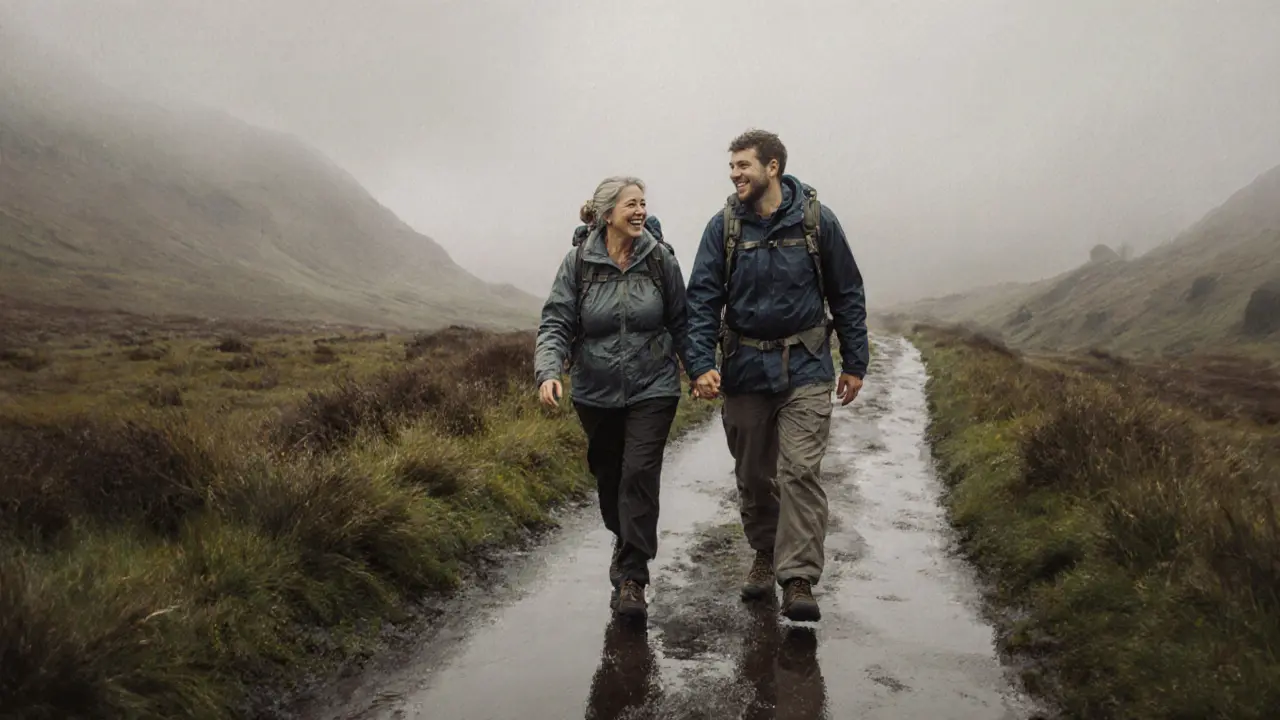 A couple walking together on a rainy trail in the Lake District, enjoying peaceful companionship.