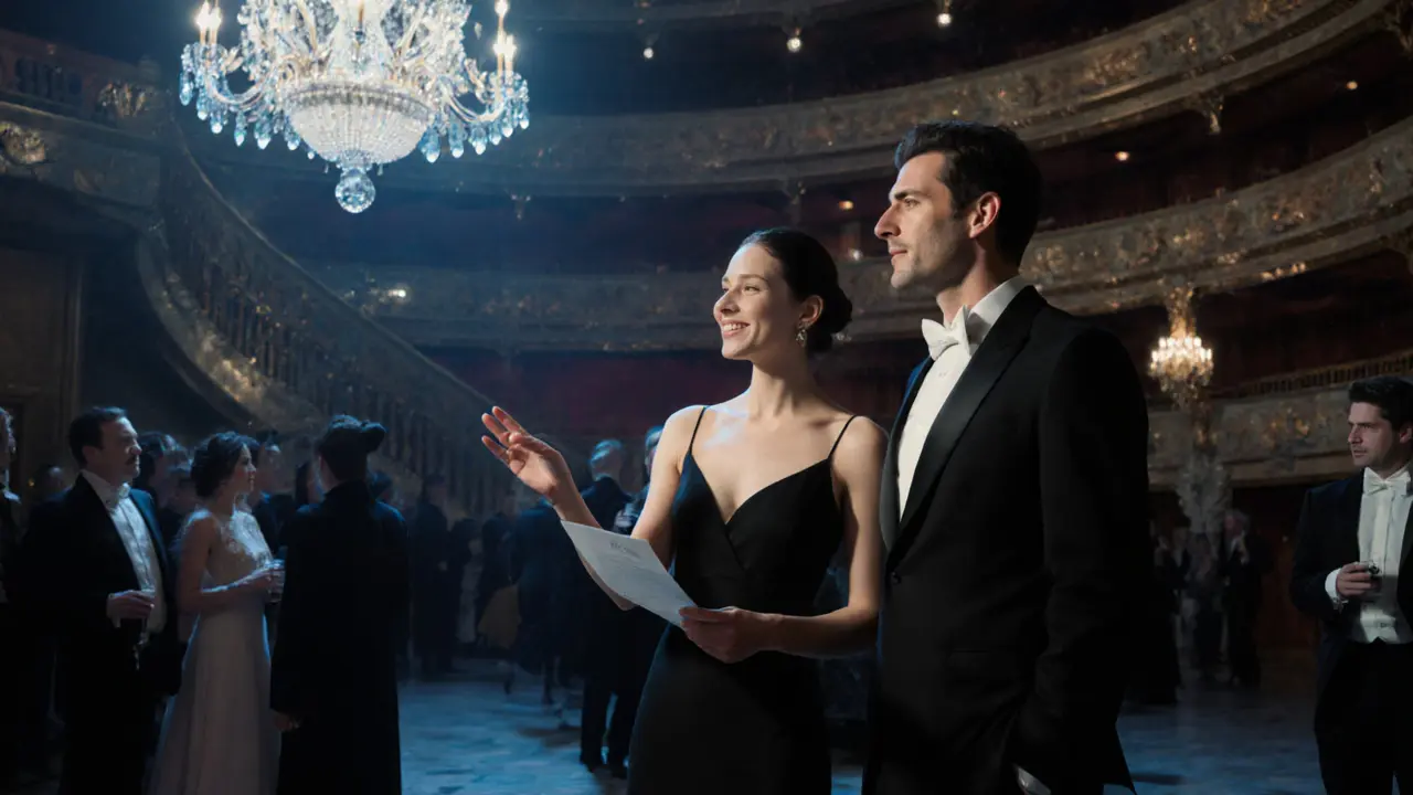 A cultural companion points to the opera house chandelier while listening to a client in formal wear.