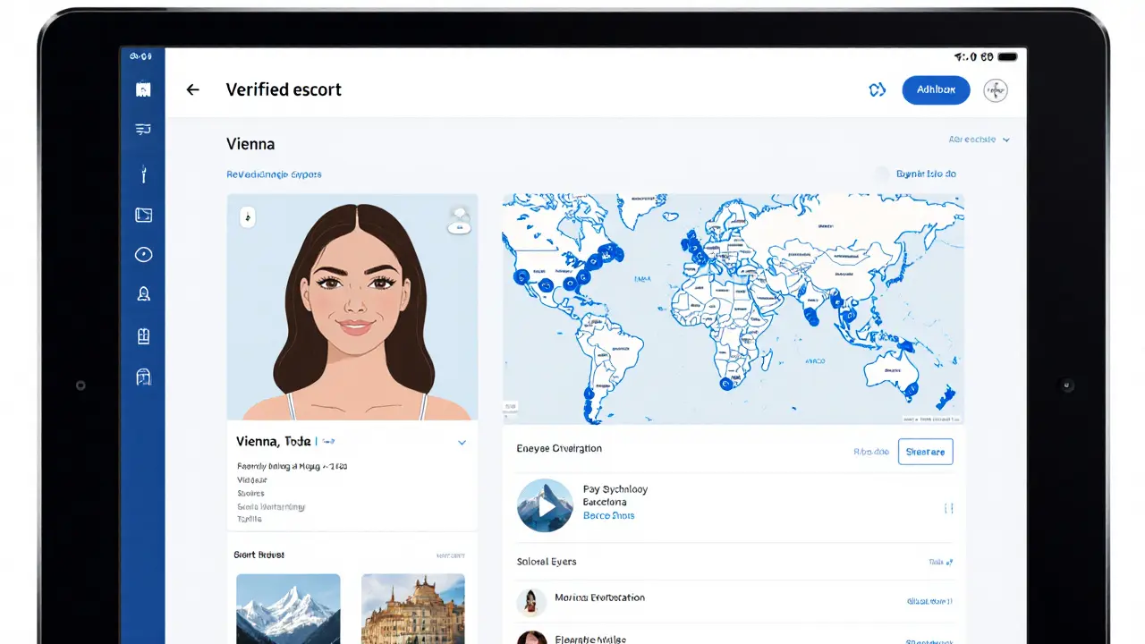 A digital escort profile on a tablet showing education, travel interests, and a video preview.