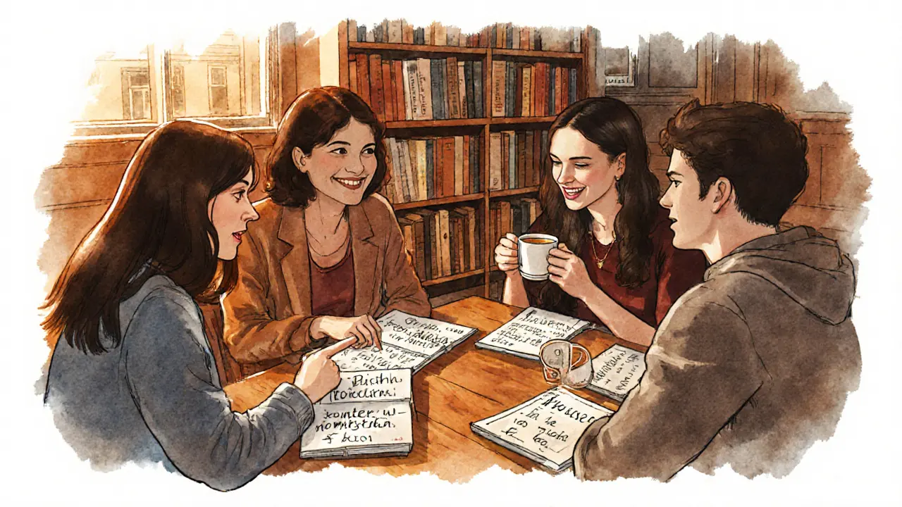 A diverse group of people laughing during a language exchange meetup in a cozy cafe.