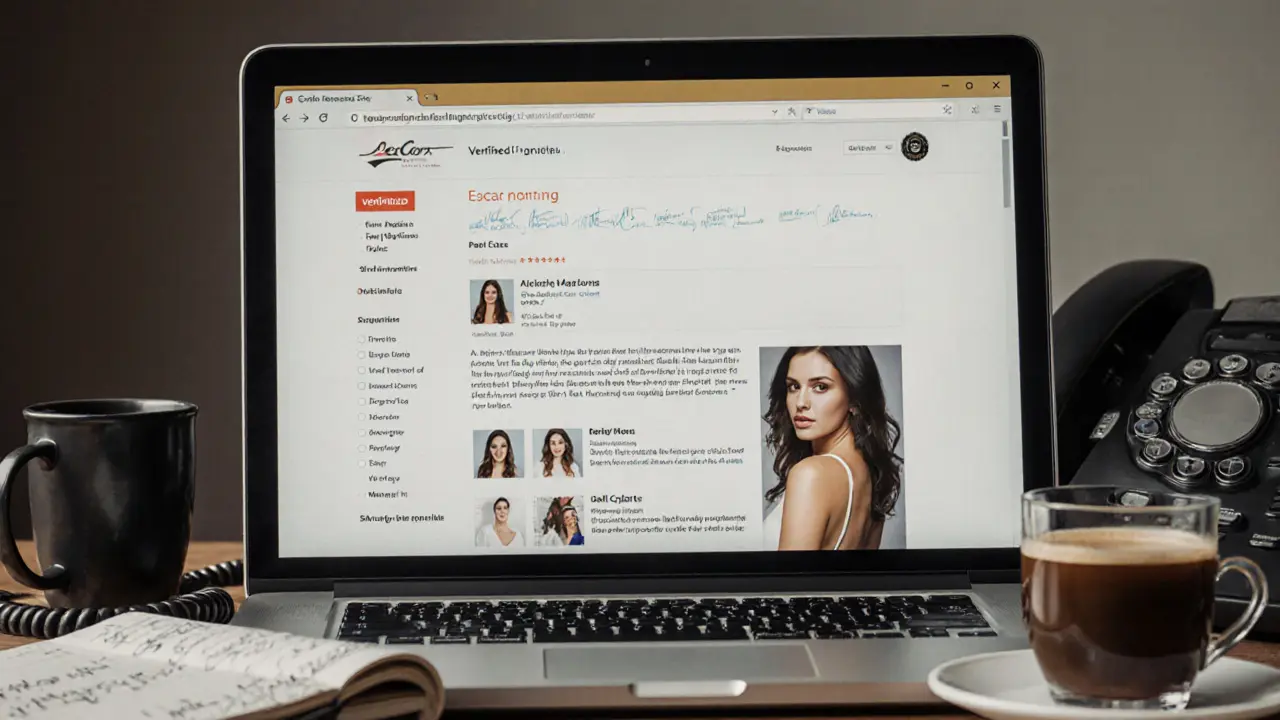 A laptop displaying a verified escort agency website with reviews and clear contact details, surrounded by evidence of careful research.