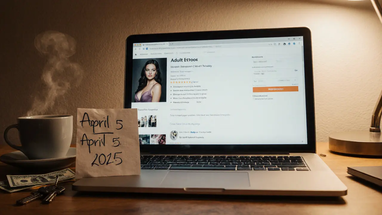 A laptop shows a verified escort profile with a handwritten date note, tea and cash sit nearby on a wooden desk.