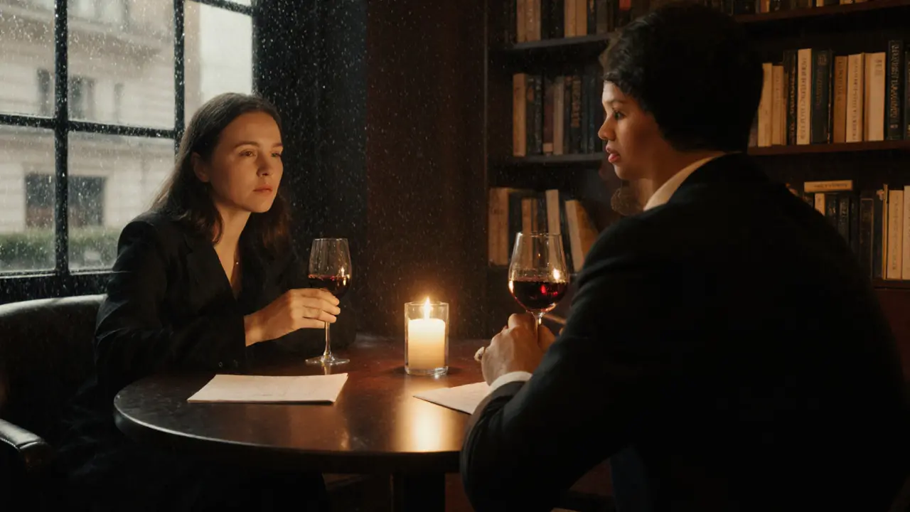 A luxury companion listens intently to a client over candlelight in a quiet London lounge.