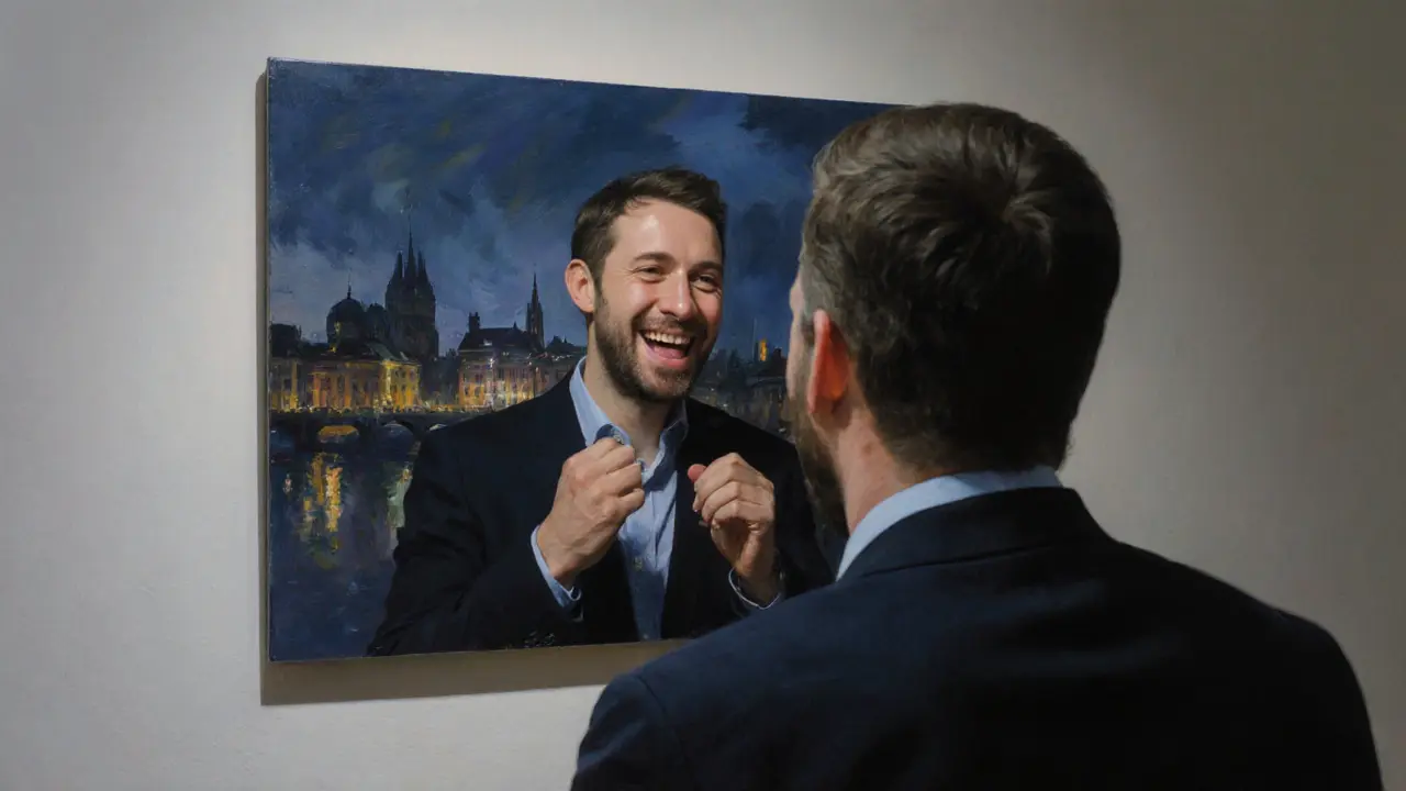 A man&#039;s reflection in a mirror shows him truly listening, not performing.