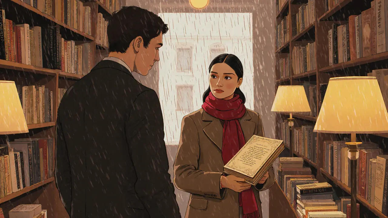 A man and woman exchange subtle glances in a Vienna indie bookstore, surrounded by books and warm lighting.