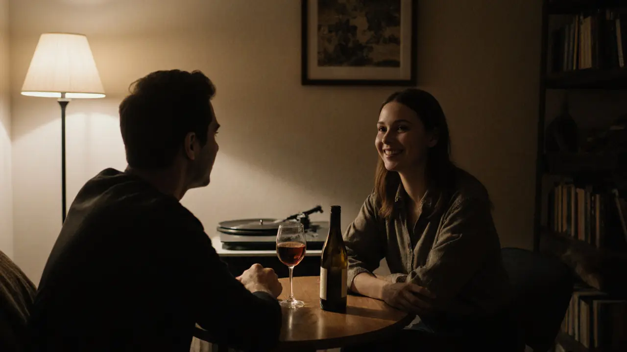 A man and woman share quiet conversation over wine in a cozy Berlin apartment, no physical contact.