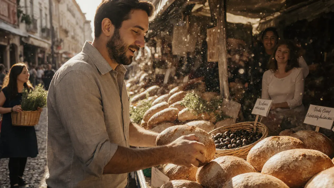 A man buying bread at a vibrant Lisbon market, with a woman noticing his calm presence.