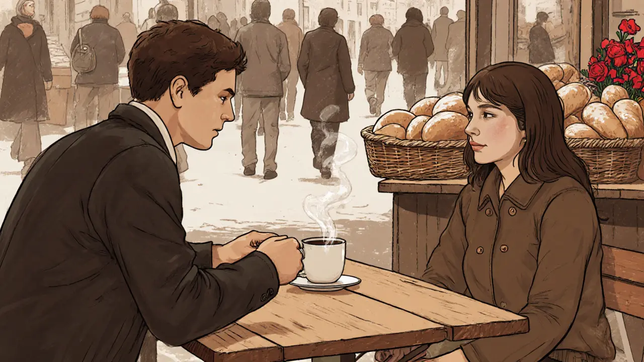 A man offers coffee to a woman at a vibrant European market, no words needed.