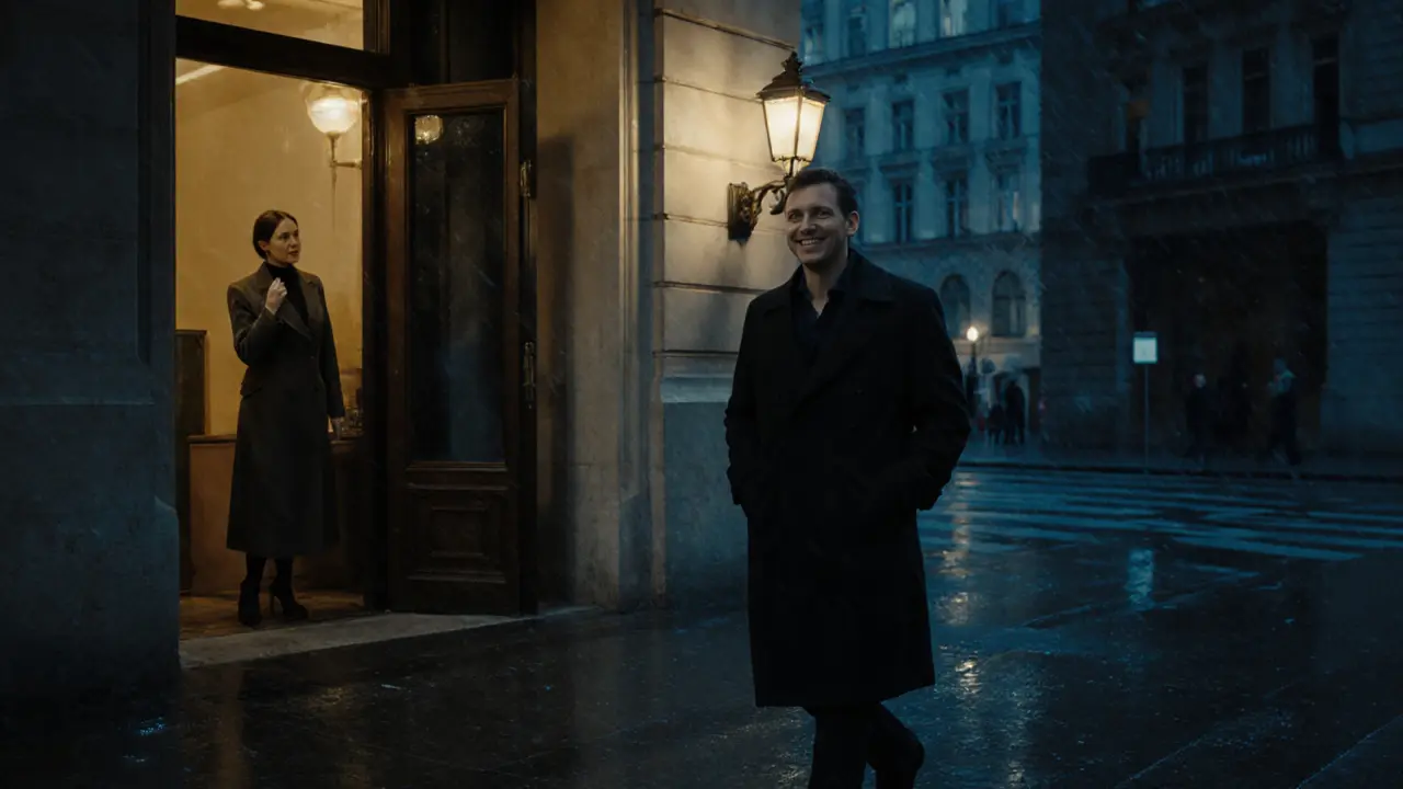 A man walking away from a hotel in Vienna at night, looking content, as a woman watches respectfully from the doorway.