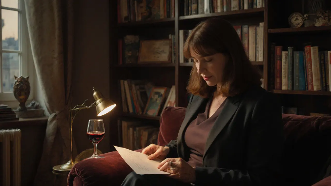 A mature woman reading a letter in a cozy Prague apartment at dusk, warm lamplight glowing.
