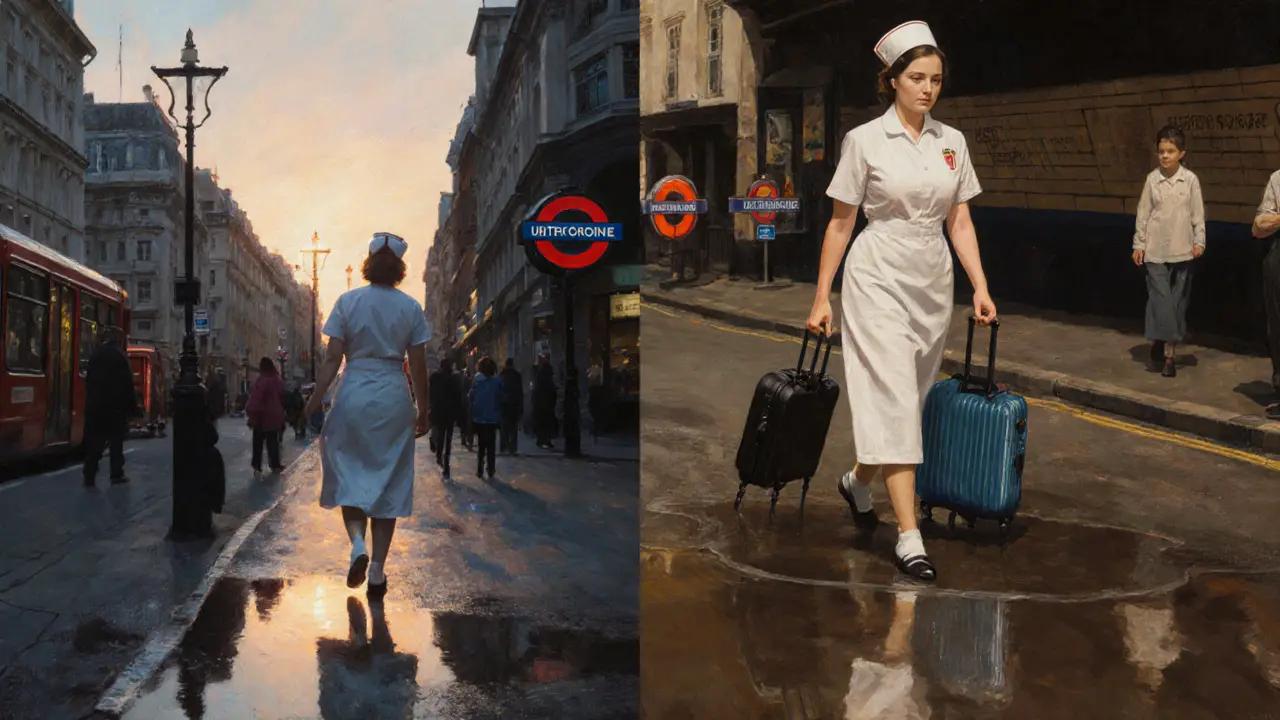 A nurse walks to work as her reflection shows her past in Ukraine, connected by light and hope.