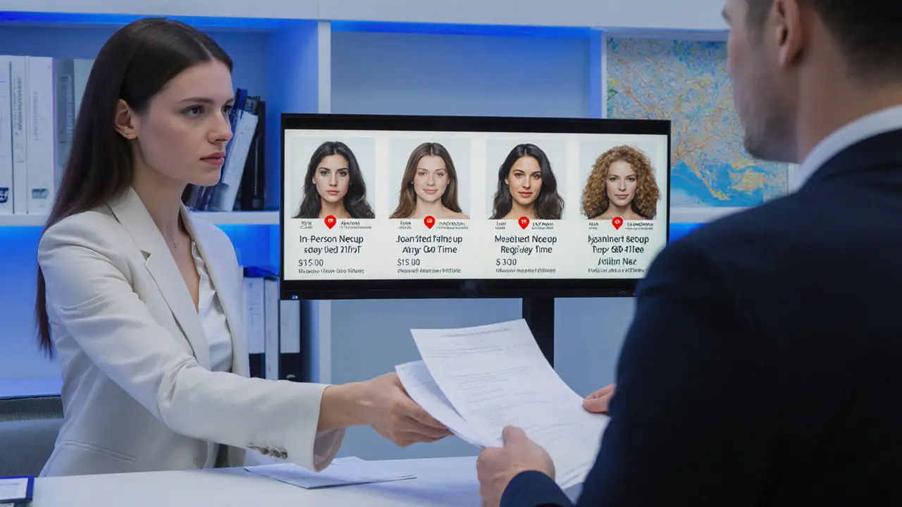 A professional escort agency office in Budapest with verified profiles displayed on a digital screen and a receptionist assisting a client.