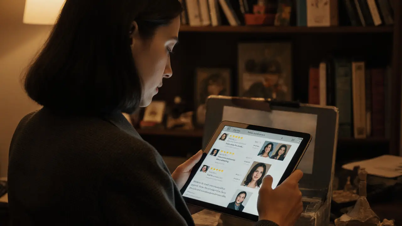 A professional escort reviewing client profiles in a quiet agency office with books and travel items.