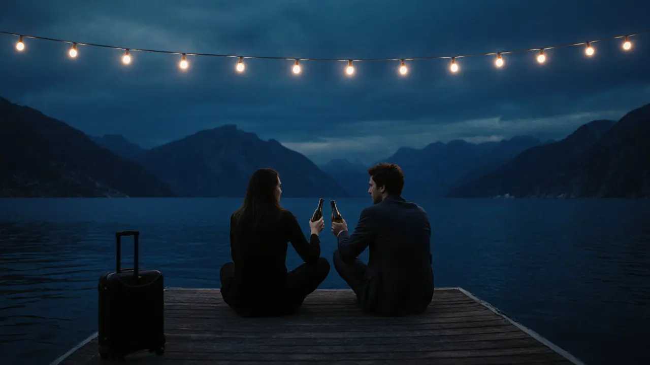 A quiet night by the Adriatic coast with two people sharing wine on a dock.