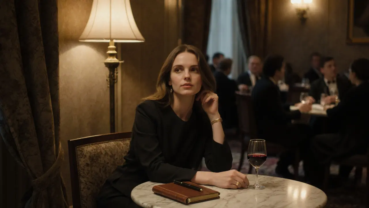A refined woman in a hotel lounge sipping wine, surrounded by warm lighting and quiet ambiance, exuding calm sophistication.