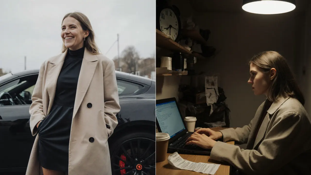 A split image: a polished escort profile photo contrasts with the real woman in a modest apartment, checking the time.