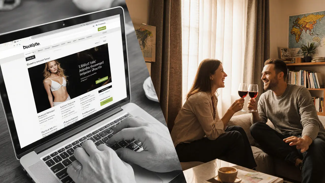 A split image contrasting a man on a sketchy website with him peacefully sharing wine with a companion in a warm, inviting apartment.