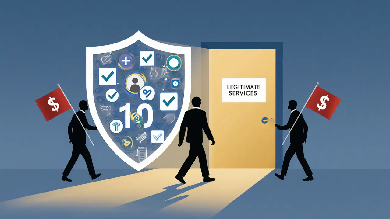 A symbolic shield of verification icons protecting a person walking toward a safe destination, with deceptive scams fading behind.