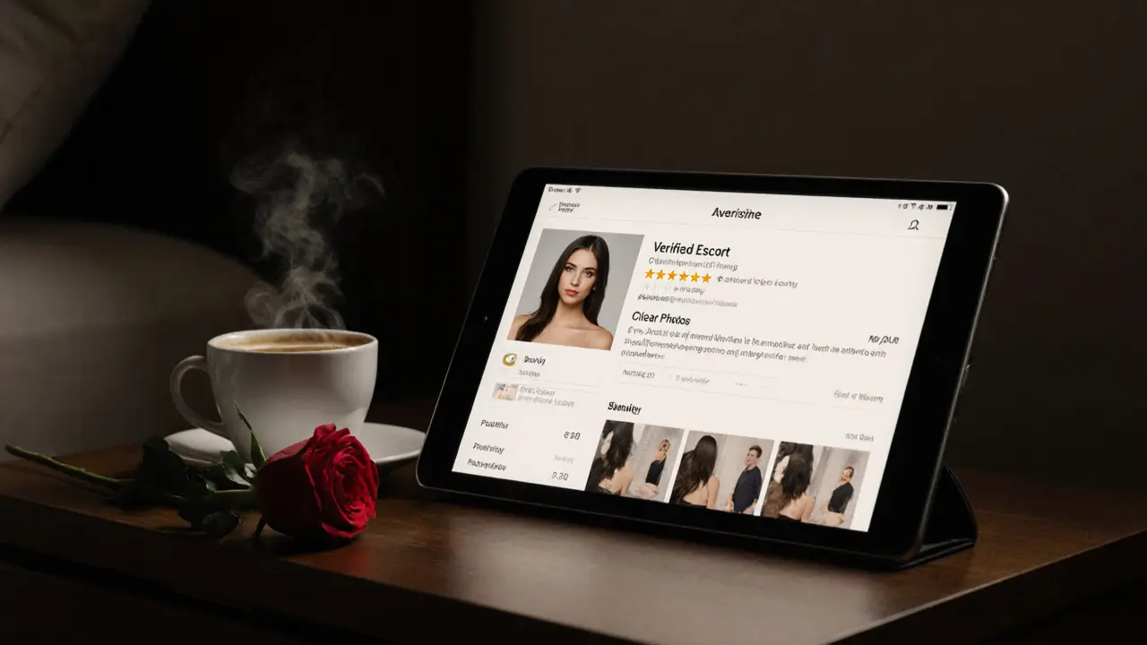 A tablet showing a verified GFE profile next to a coffee cup and rose in a quiet apartment.