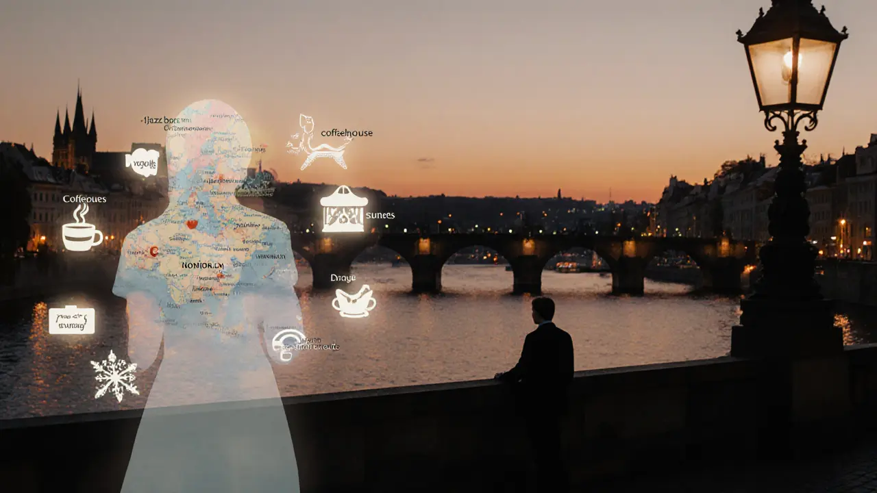 A transparent figure beside a European map, with cultural icons glowing around her as a traveler stands on a bridge at dusk.