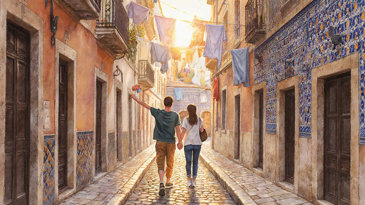 A traveler and companion walking through Lisbon&#039;s Alfama alleys at sunset, colorful buildings and fado music in the air.