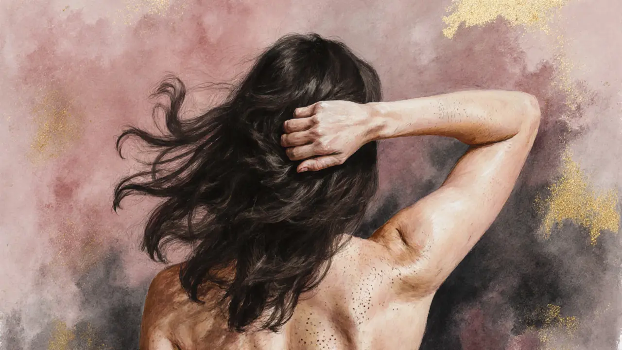 A woman&#039;s hand running through hair against a watercolor backdrop, skin texture visible, abstract and empowering.