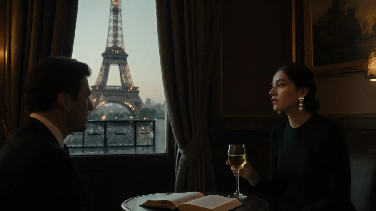 A woman and man sharing wine in a Paris hotel lounge, Eiffel Tower visible through the window.