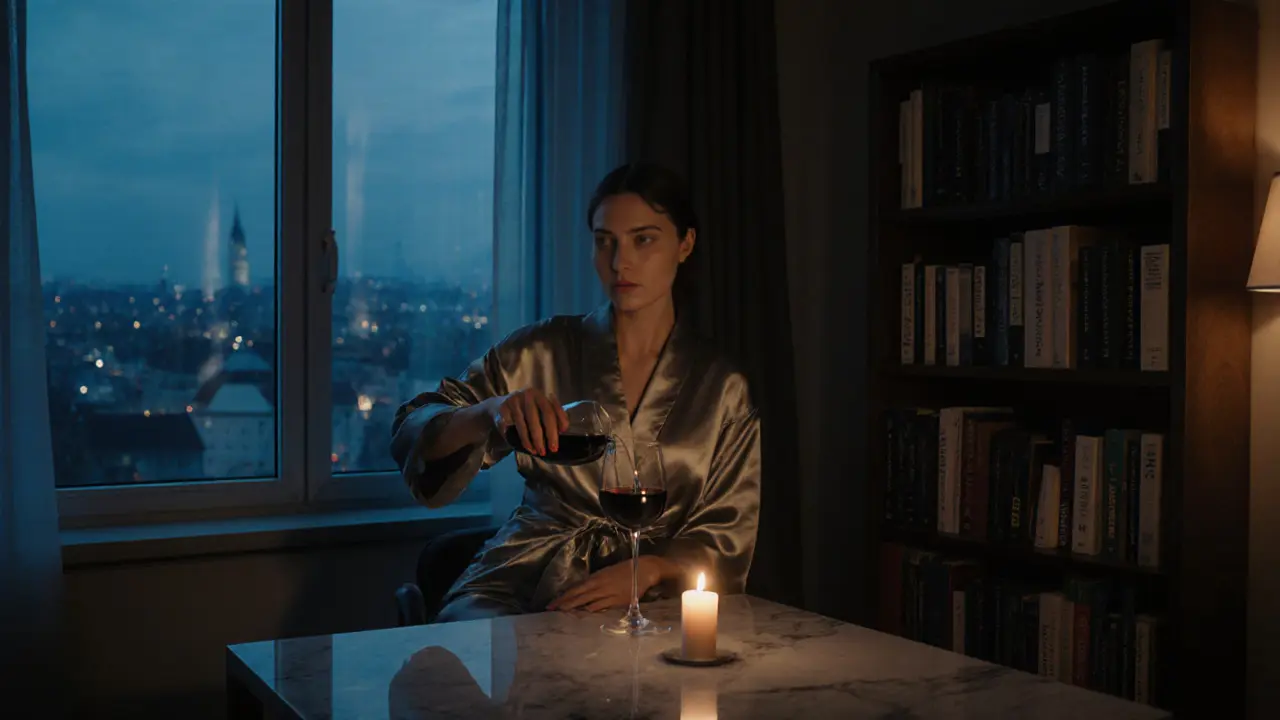 A woman in a silk robe pouring wine in a luxurious Zurich apartment with city lights behind her.