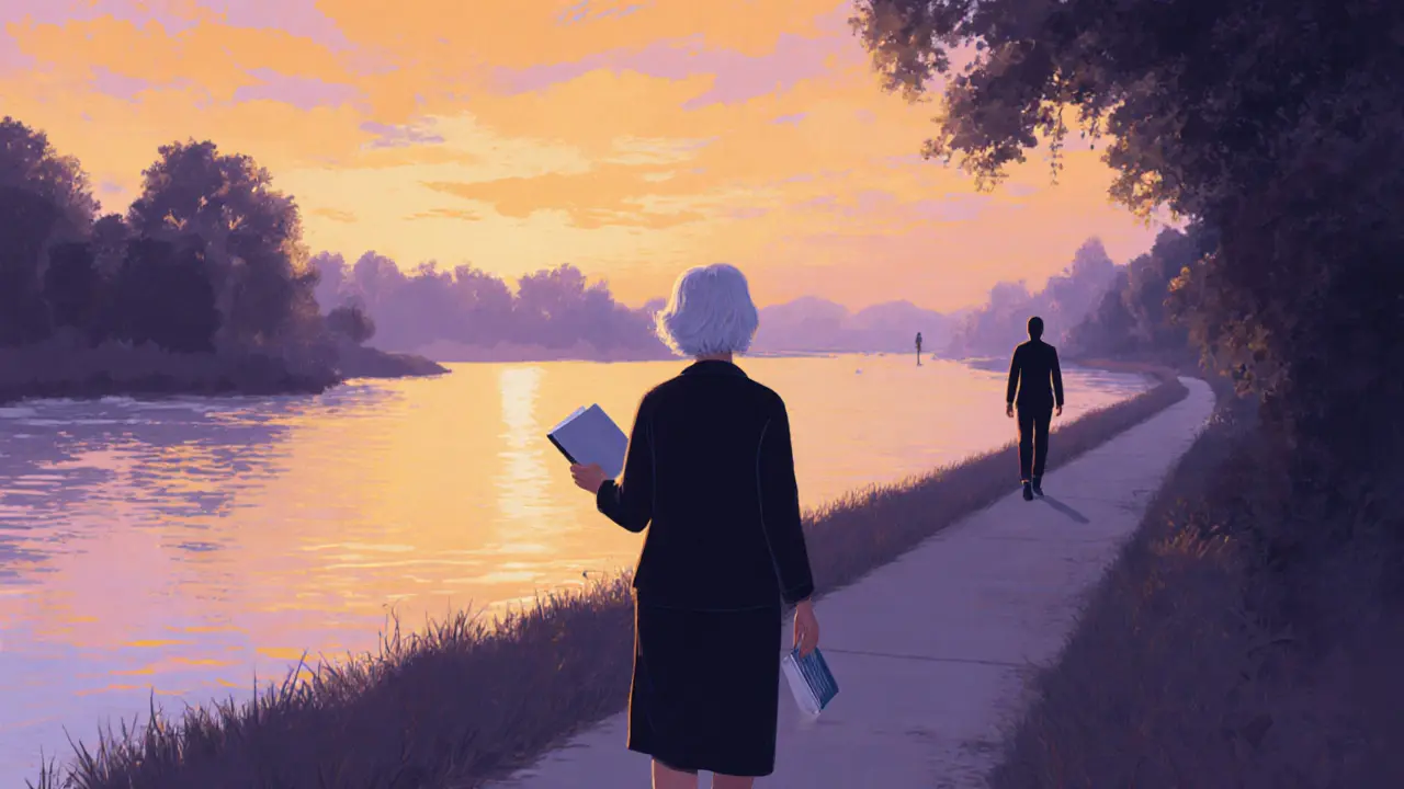 A woman in her 50s walks peacefully along a riverside path at sunset, book in hand, distant figure approaching.