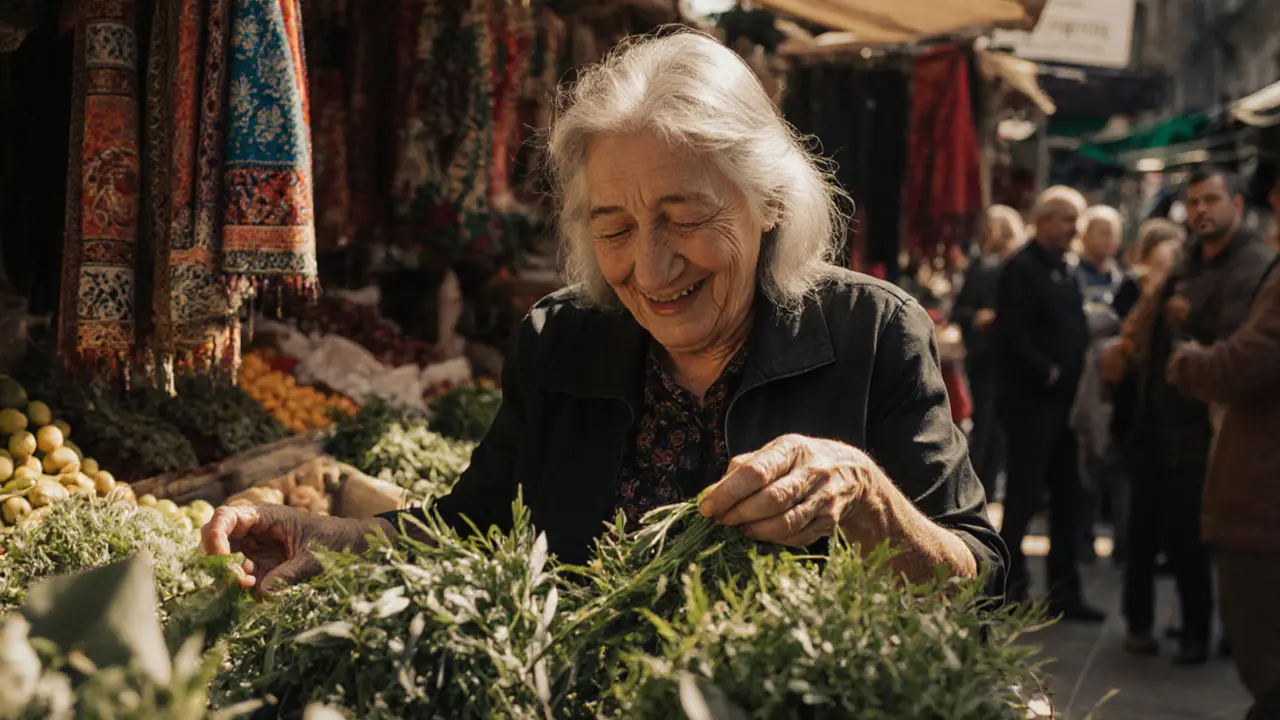 A woman laughing while buying herbs at a Budapest market, sunlight highlighting her silver hair.