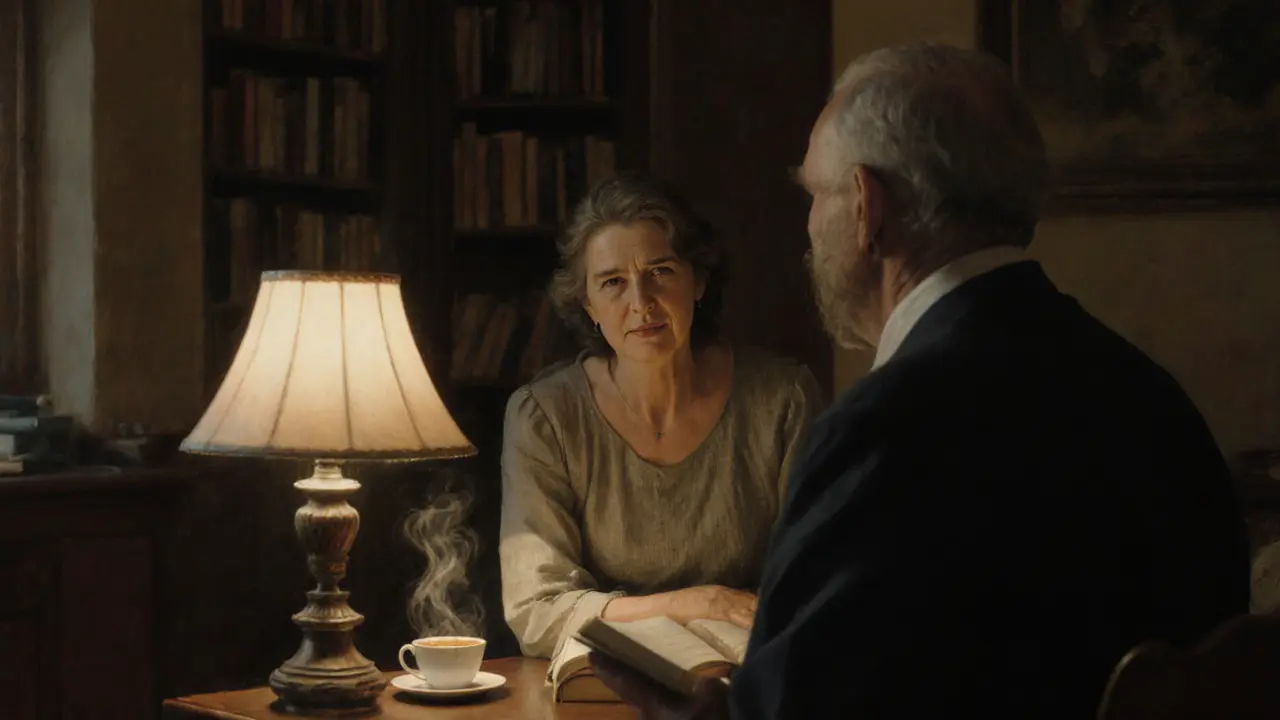 A woman listening intently to a man in a book club, soft light highlighting their quiet, meaningful connection.
