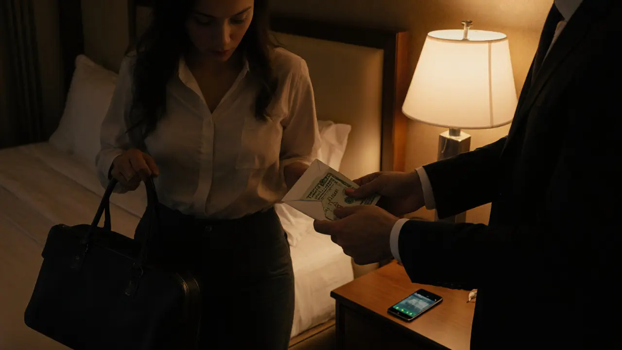 A woman packing her bag in a hotel room as a man hands her payment.