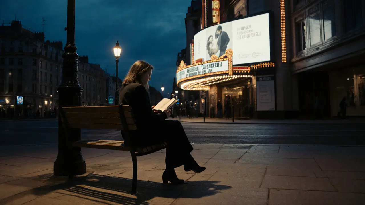 A woman reading a book on a bench outside a cinema at dusk, city lights glowing behind her.
