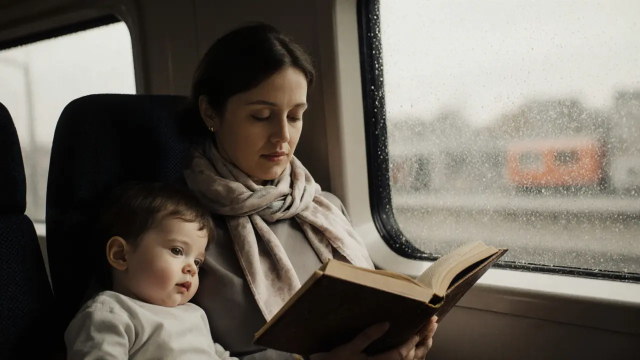 A woman reading Proust on a train, her child asleep on her lap, rain on the window behind her.