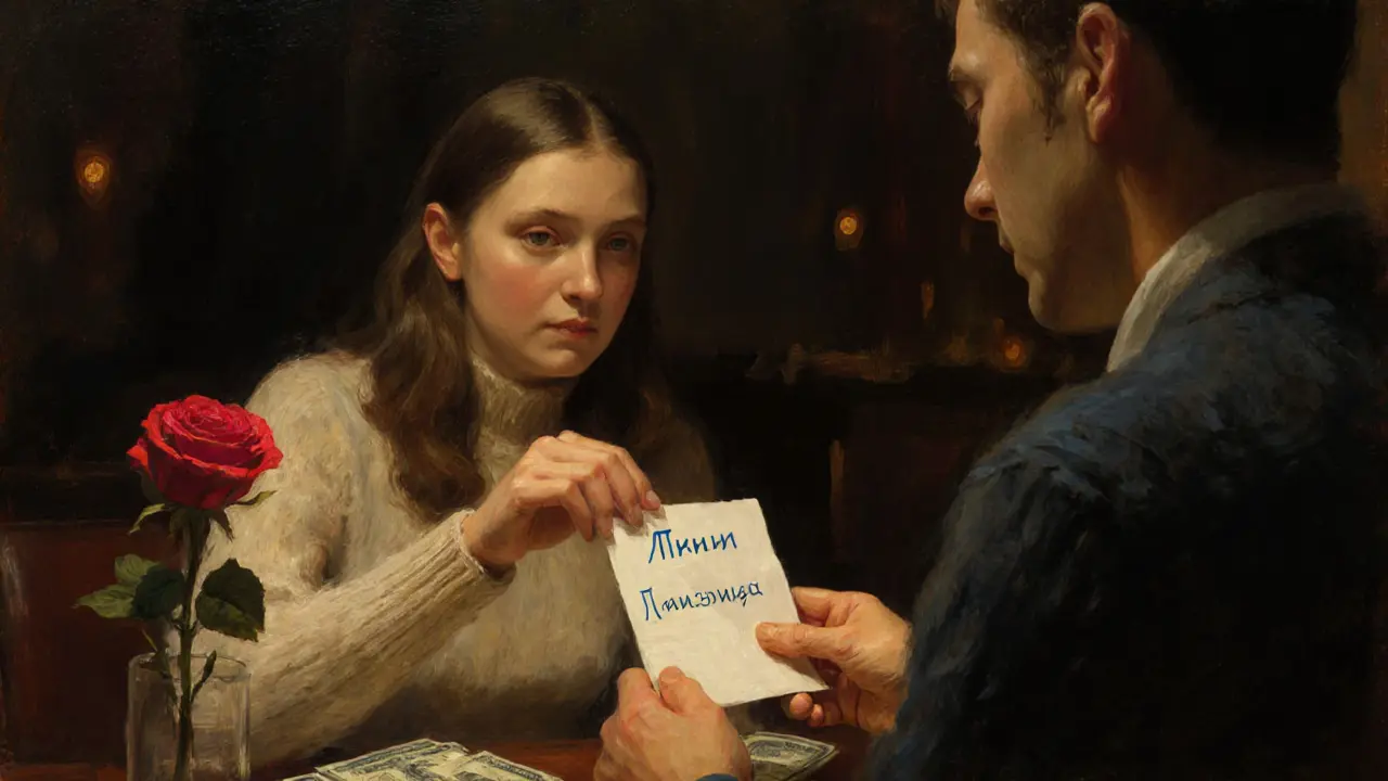 A woman receives a handwritten thank-you note in Cyrillic from a man in a cozy lounge, touched by his thoughtfulness.