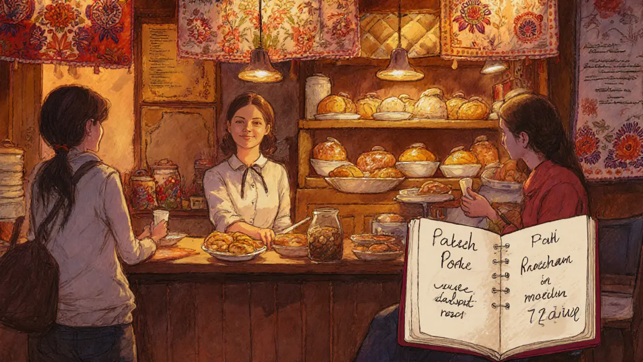 A woman serves pastries in a warm Polish cafe filled with traditional textiles and baked goods.