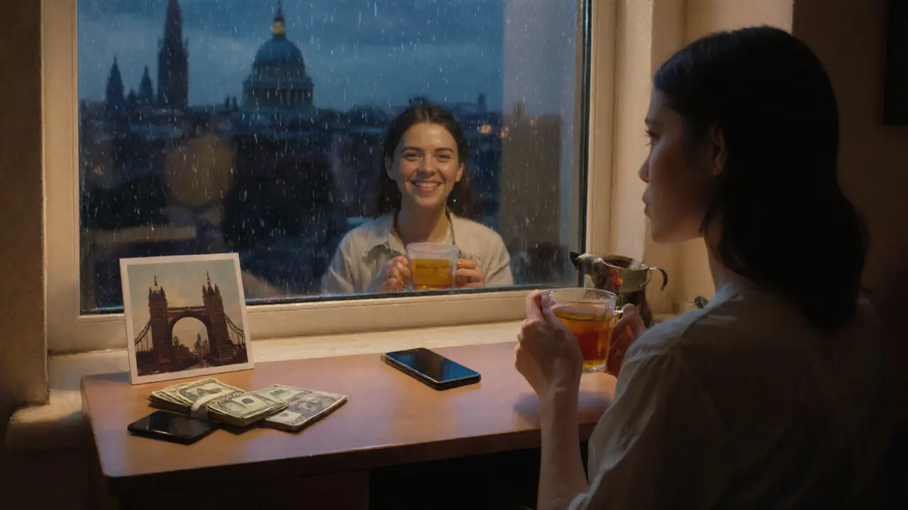 A woman sits alone by a rainy window, her reflection showing a past version of herself smiling.