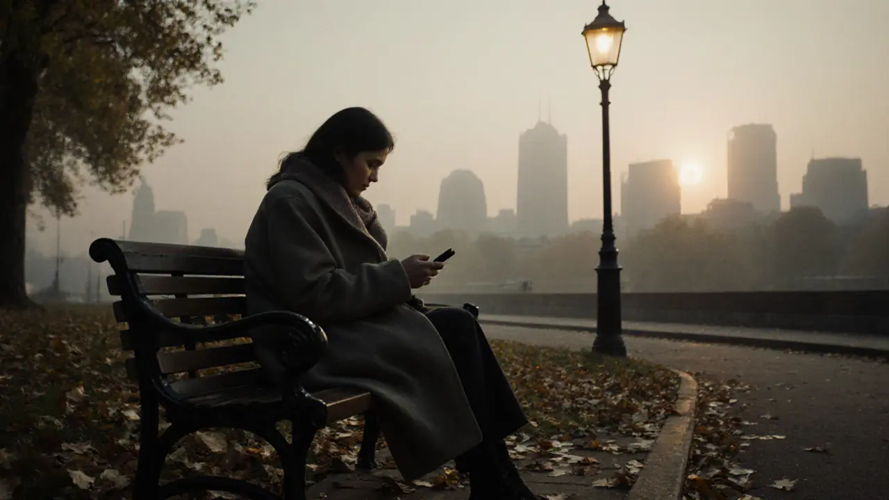 A woman sits alone on a park bench at dawn, leaves around her, city mist rising, quiet solitude in soft morning light.