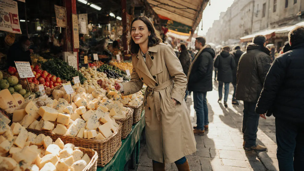 A woman smiling while buying cheese at a Belgrade market, wearing a trench coat and practical boots.