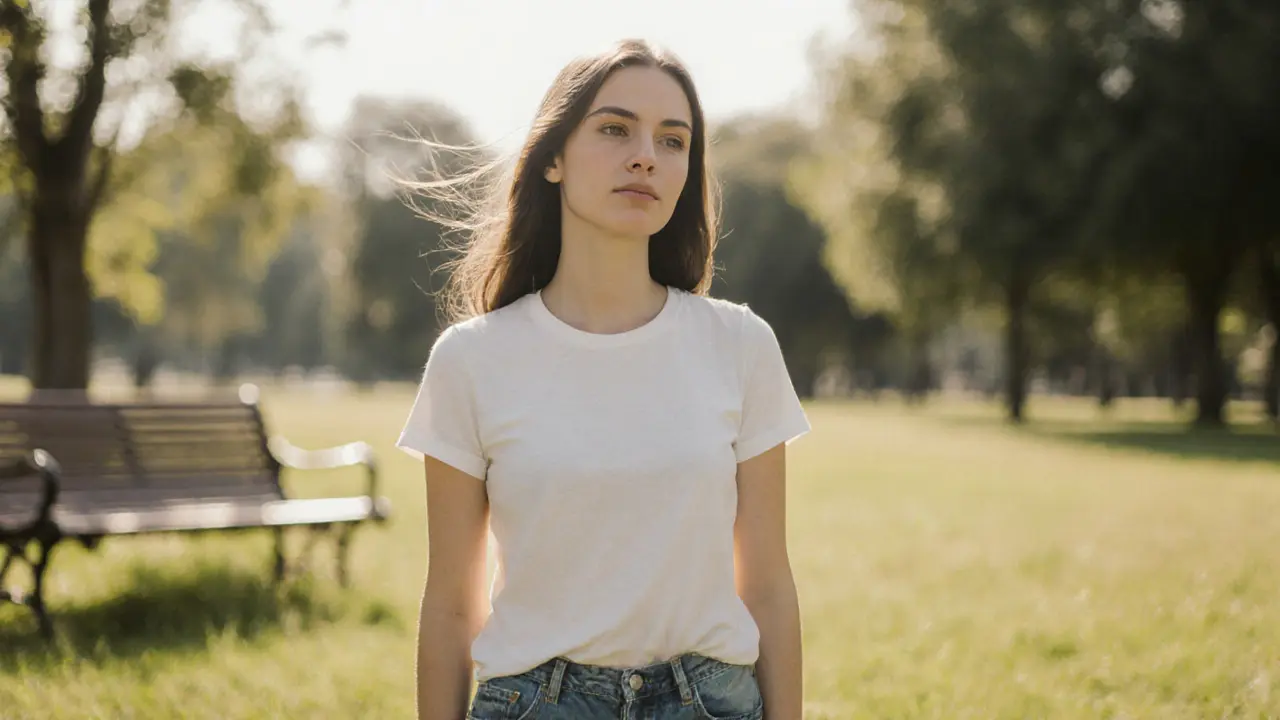 A woman standing confidently in sunlight, radiating calm presence while listening.