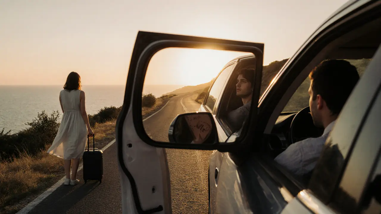 A woman stands at sunrise by the sea, suitcase nearby, as a man watches from a luxury car.