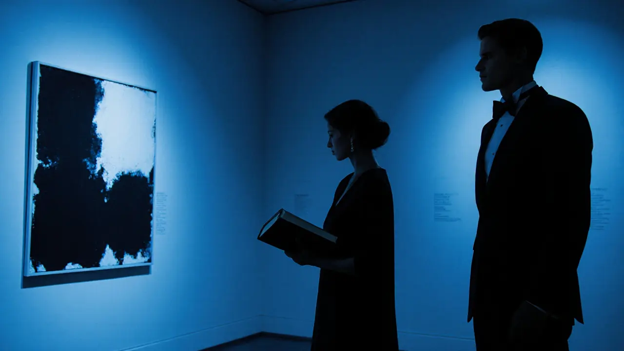 A woman stands before a modern art painting in a private gallery, shadowy figure observing, no faces visible.