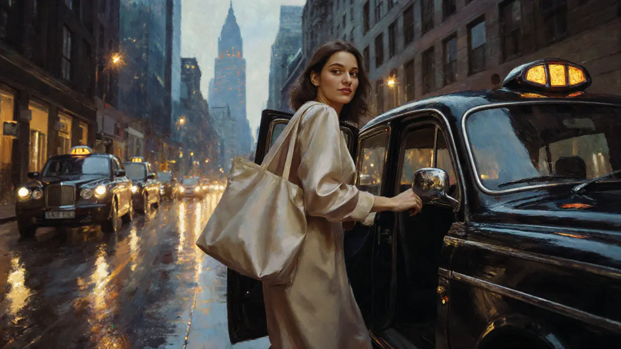 A woman steps out of a taxi in Spinningfields, dressed elegantly under city lights.