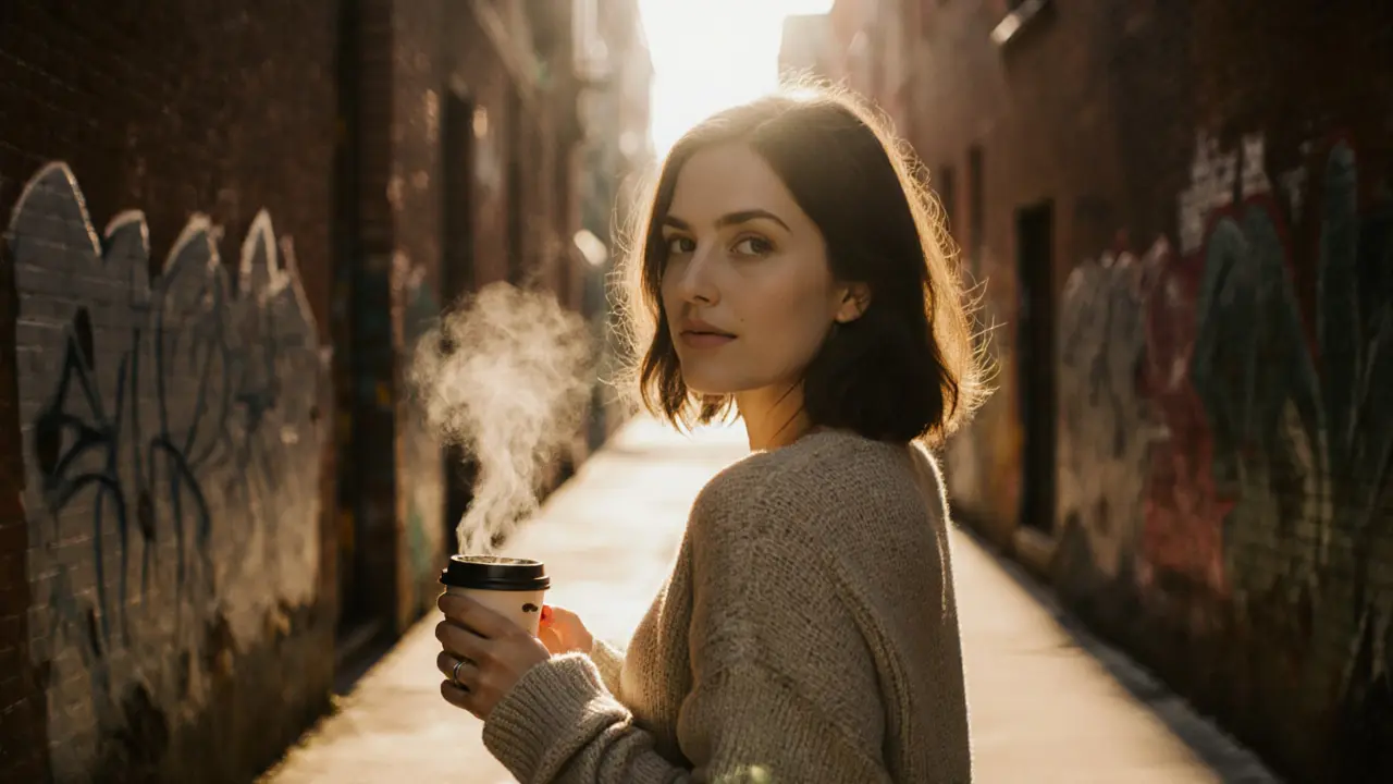 A woman turning over her shoulder on a sunlit street, holding coffee, natural lighting and unedited details.
