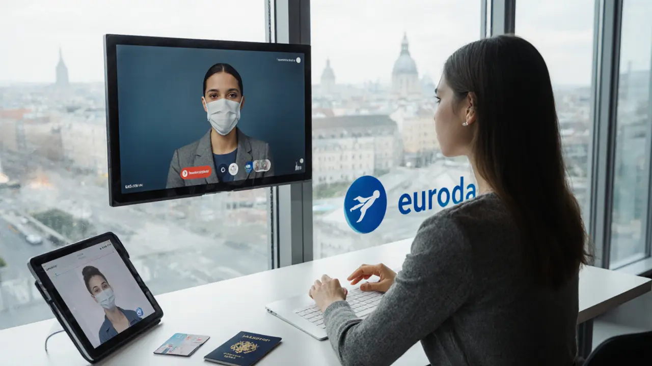 A woman undergoing identity verification via video call in a professional setting.