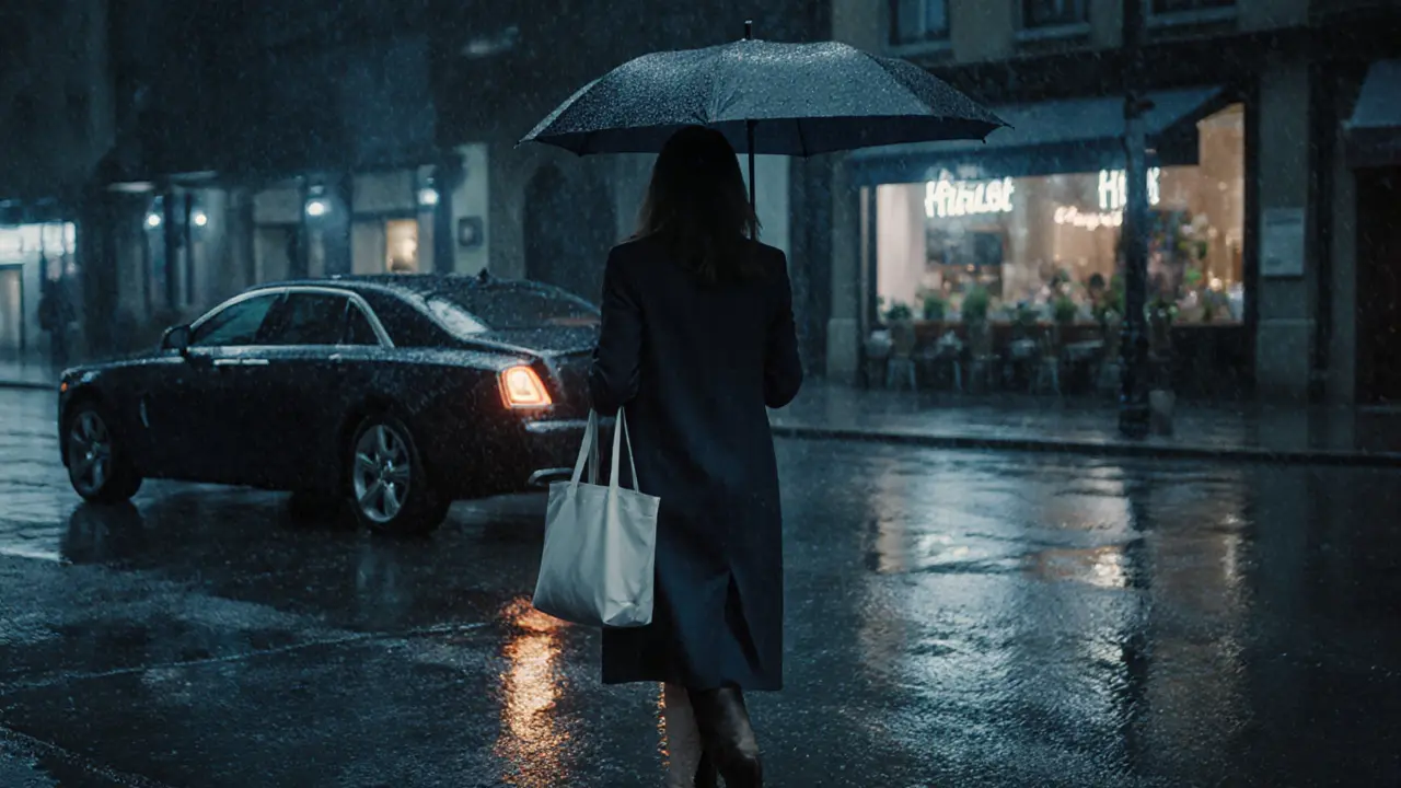 A woman walking alone in the rain, carrying a tote bag, ignoring a luxury car behind her.