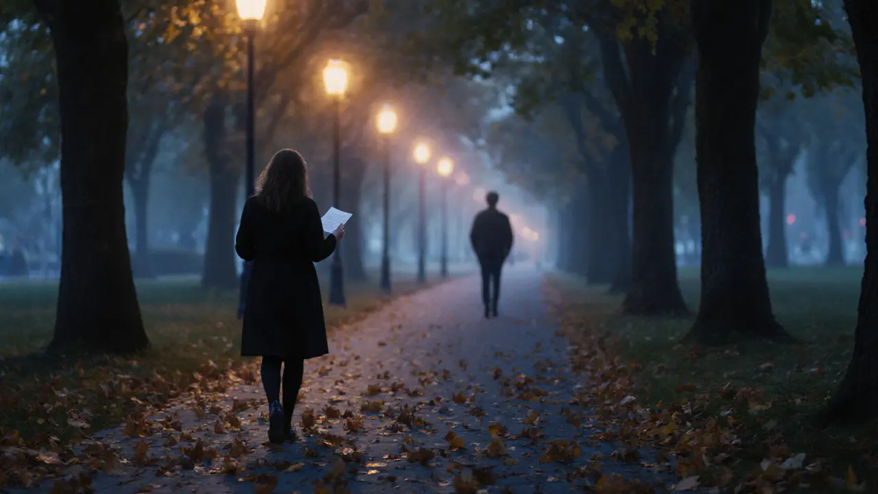 A woman walking in a Prague park at dusk, holding a letter, autumn leaves swirling around her.